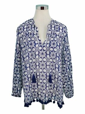 Roller Rabbit Blue White Floral Tassel Blouse Boho Block Print Tunic Top Size M